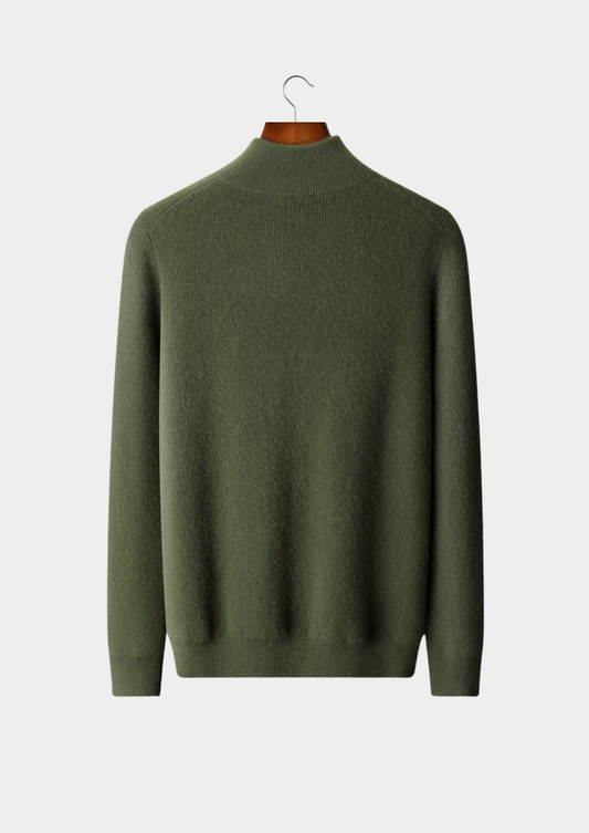 Pure Cashmere Olive Ribbed Half Zip | Auremmont