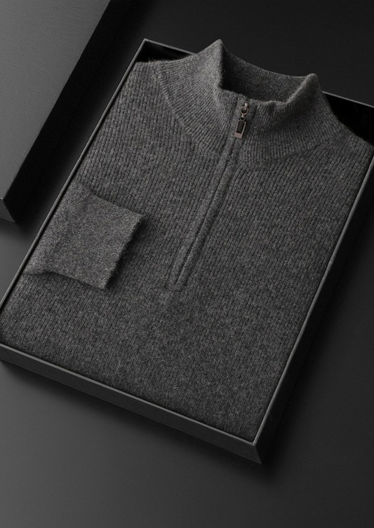 Pure Cashmere Dark Gray Ribbed Half Zip | Auremmont