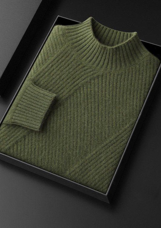 Pure Cashmere Olive Patterned Mockneck | Auremmont