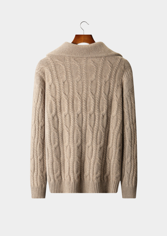 Pure Cashmere Beige Cable Half Zip Sweater | Auremmont