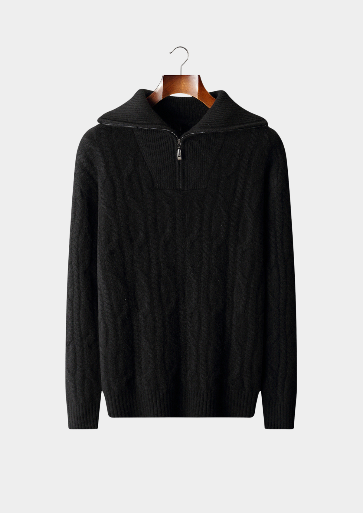 Pure Cashmere Black Cable Half Zip Sweater | Auremmont