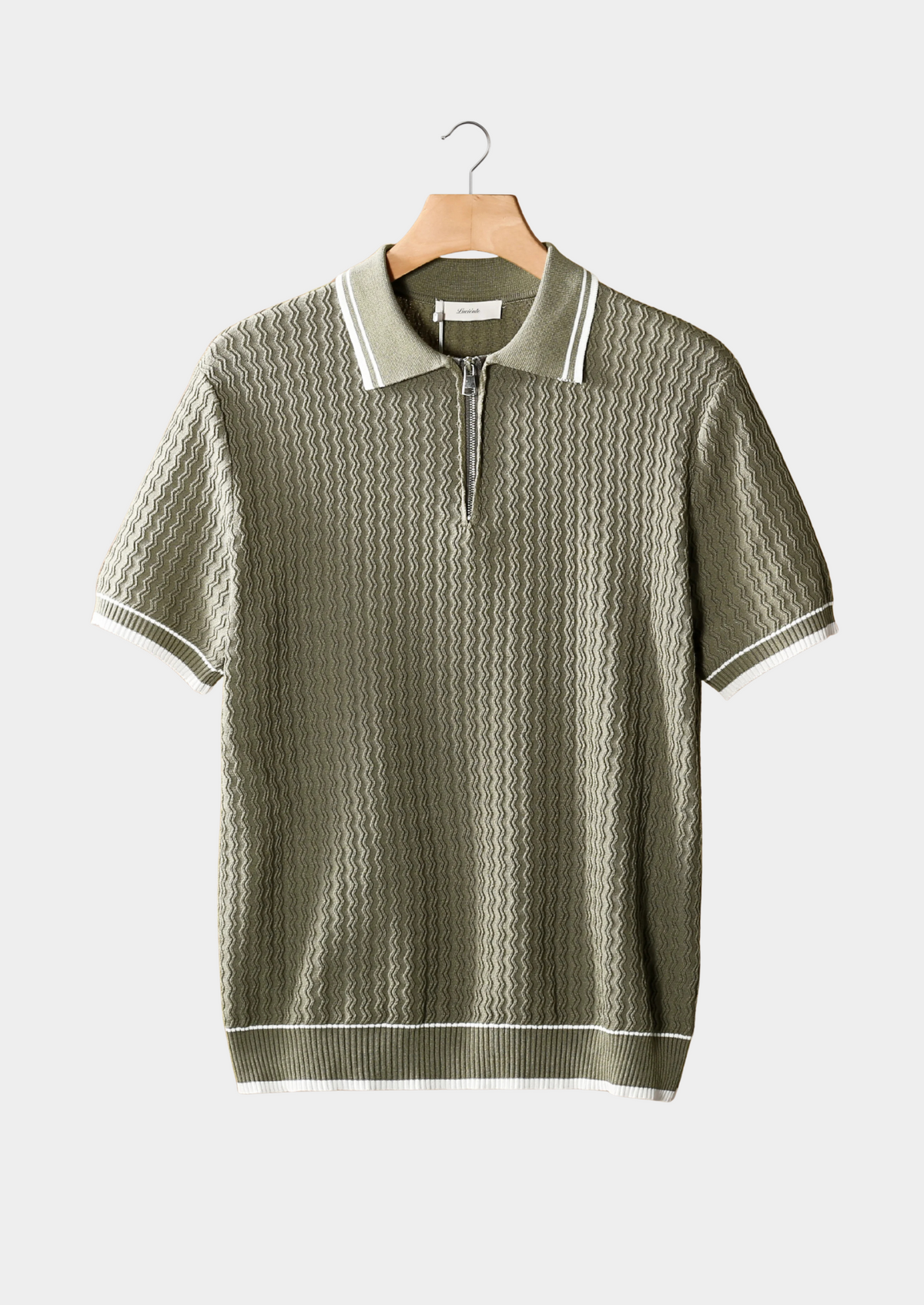 Taupe Wavy Textured Zipper Polo | Auremmont