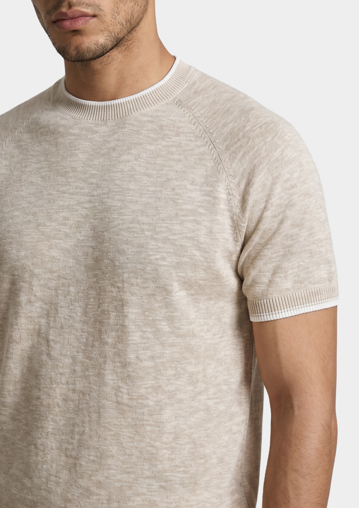 Capri Beige Linen Contrast T-Shirt | Auremmont
