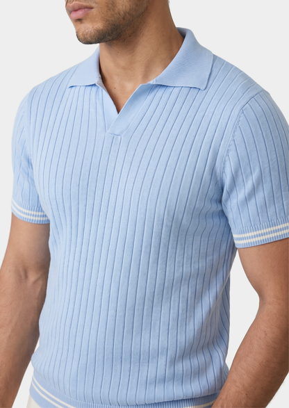 Pierre Light Blue Ribbed Buttonless Polo | Auremmont
