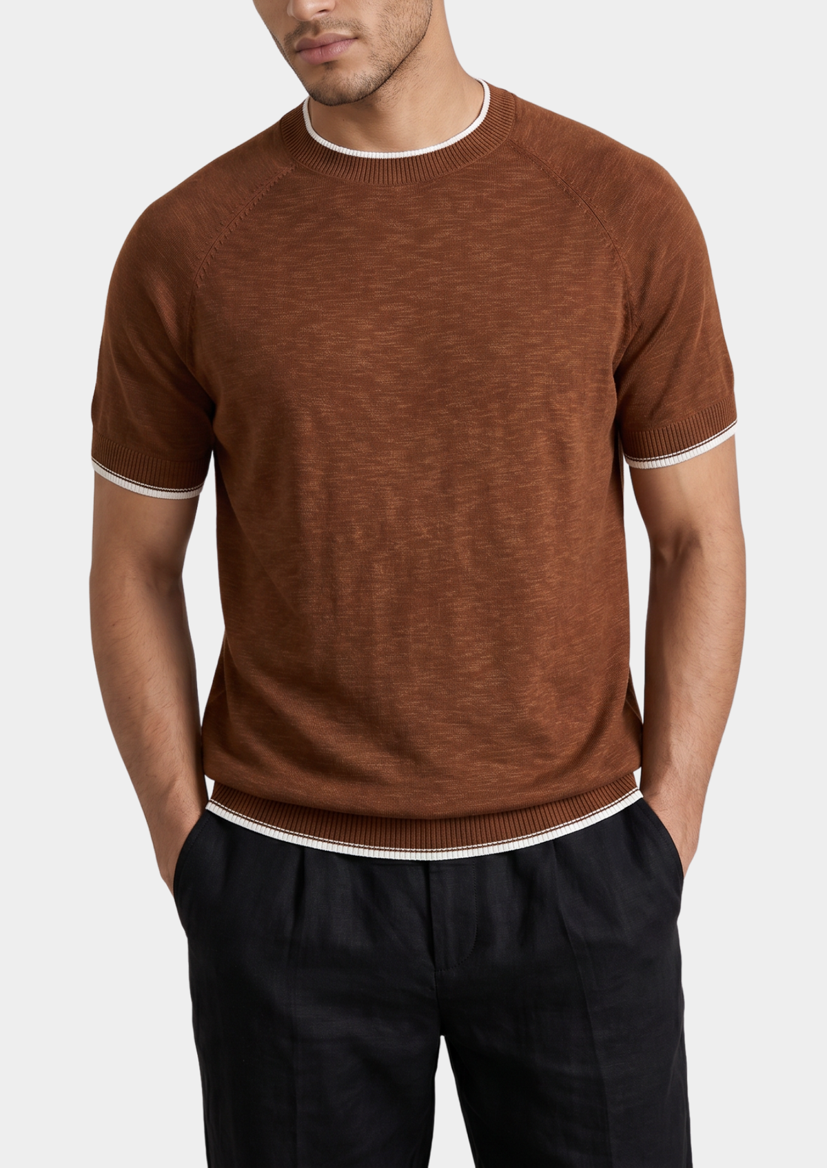 Capri Caramel Linen Contrast T-Shirt | Auremmont