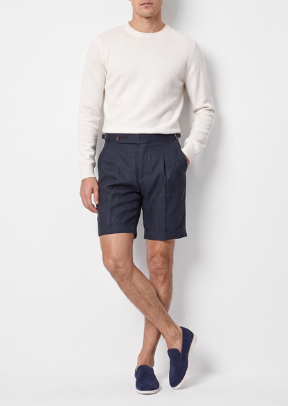 Navy Blue Pleated Linen Seaside Shorts | Auremmont