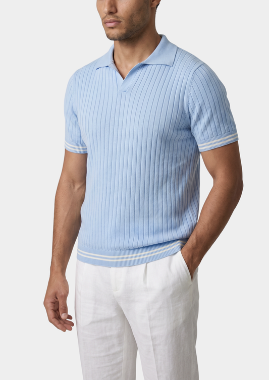 Pierre Light Blue Ribbed Buttonless Polo | Auremmont