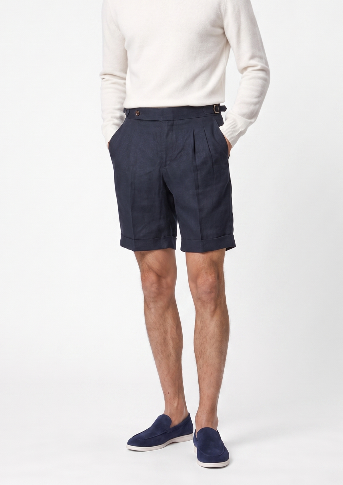 Navy Blue Pleated Linen Seaside Shorts | Auremmont
