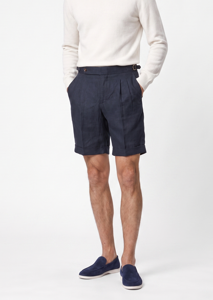 Navy Blue Pleated Linen Seaside Shorts | Auremmont
