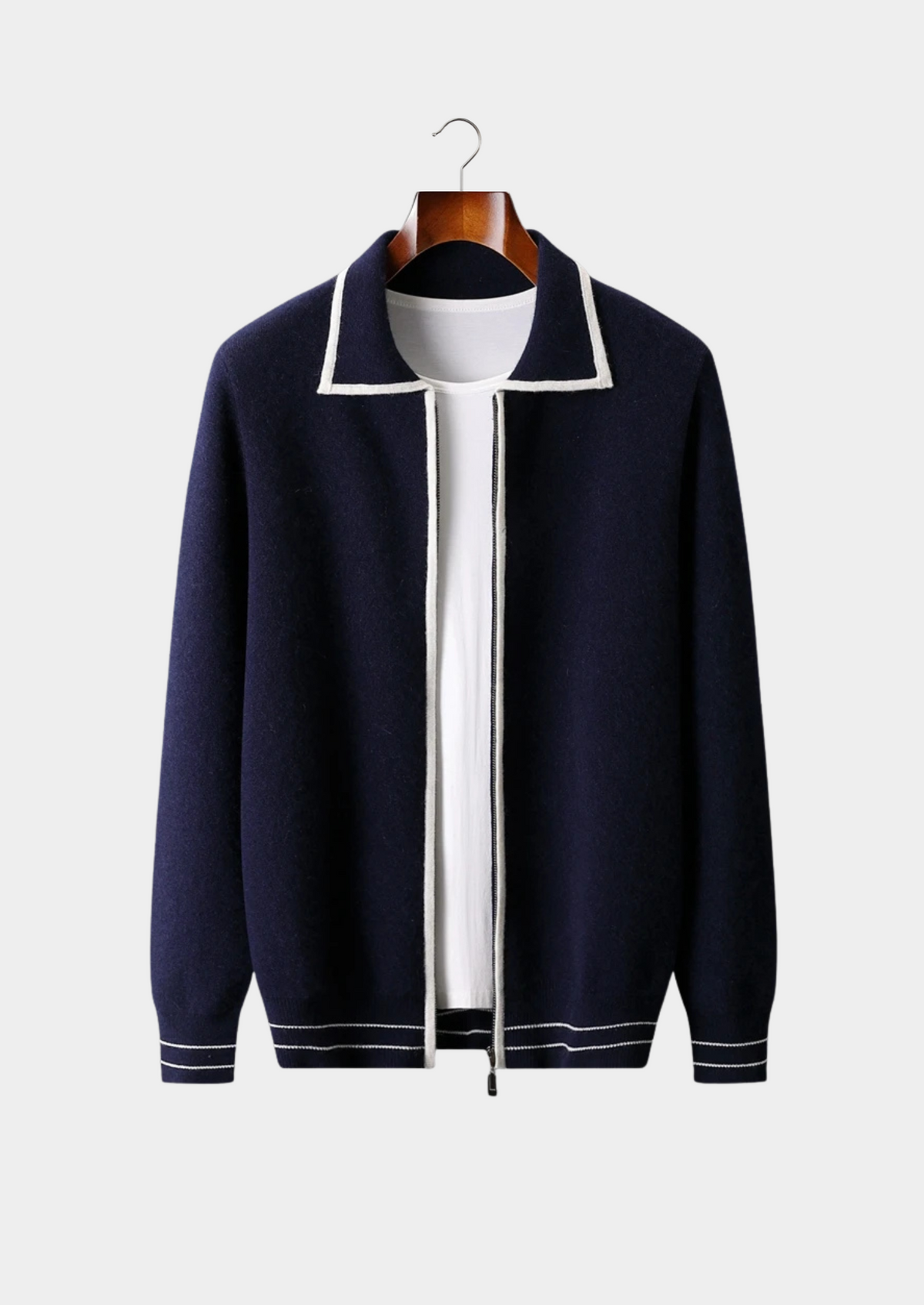 Pure Extra-Fine Merino Wool Two-Tone Polo Cardigan | Auremmont