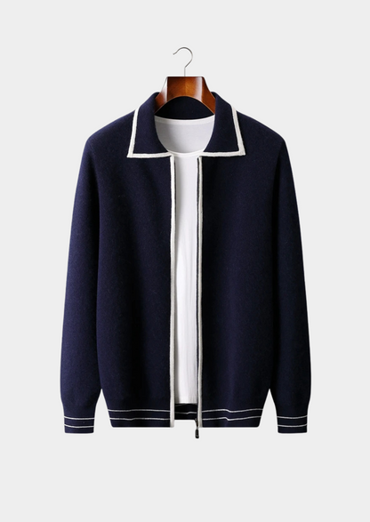 Pure Extra-Fine Merino Wool Two-Tone Polo Cardigan | Auremmont