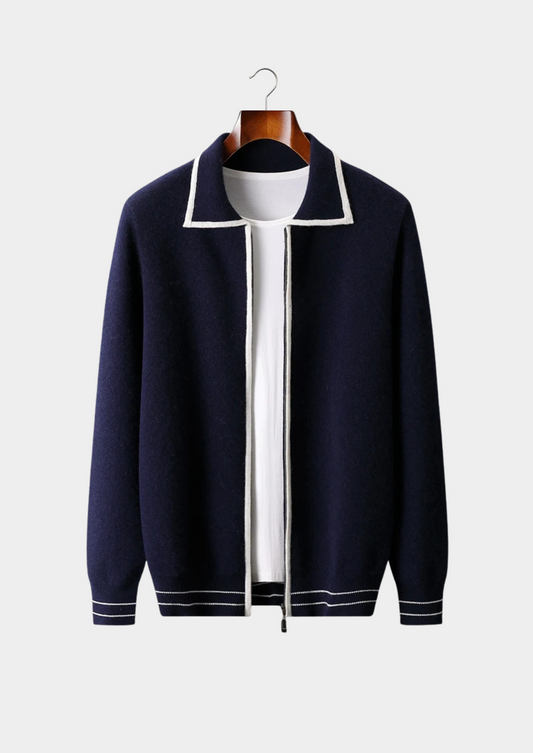 Pure Extra-Fine Merino Wool Two-Tone Polo Cardigan | Auremmont