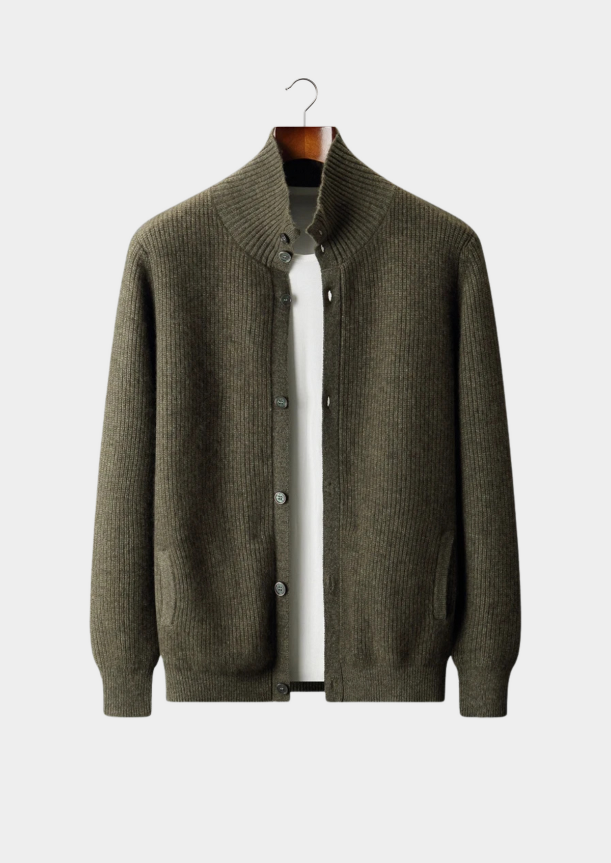 Premium Cashmere Ribbed High Collar Cardigan | Auremmont