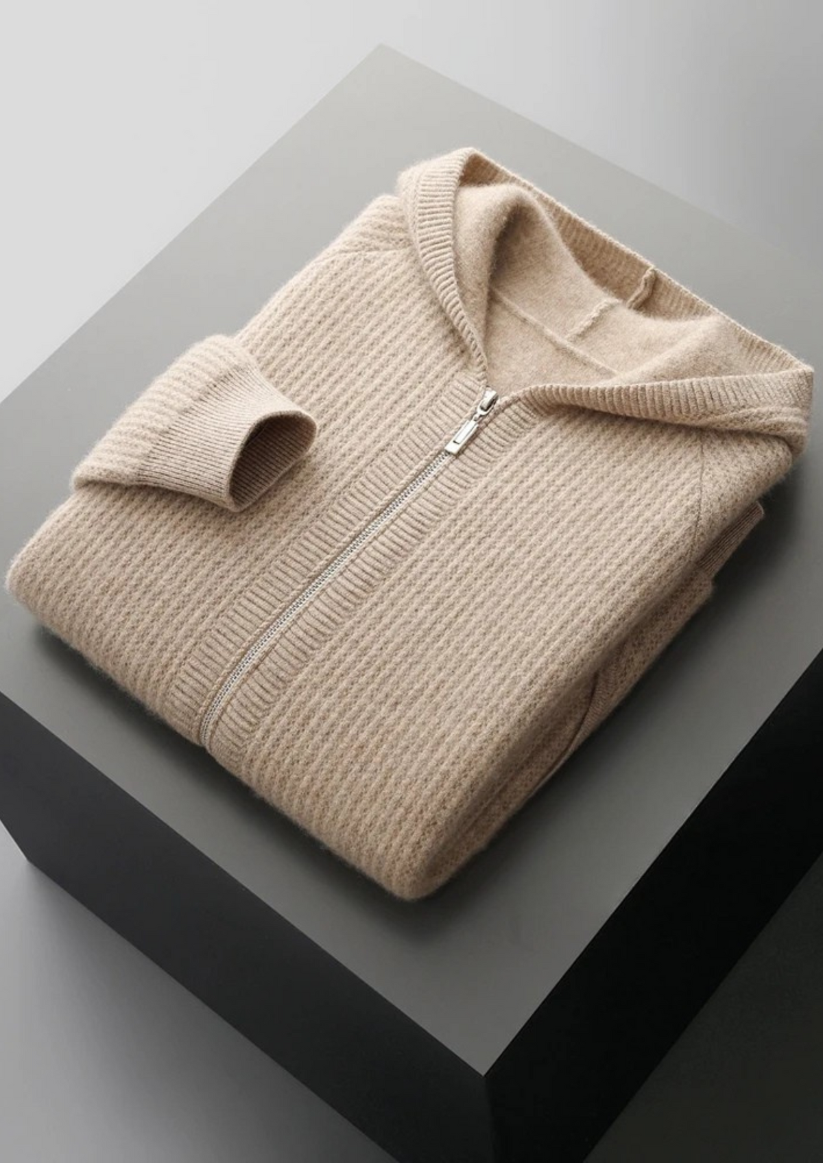 Pure Extra-Fine Merino Wool Ribbed Zipper Hoodie | Auremmont