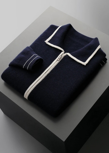 Pure Extra-Fine Merino Wool Two-Tone Polo Cardigan | Auremmont