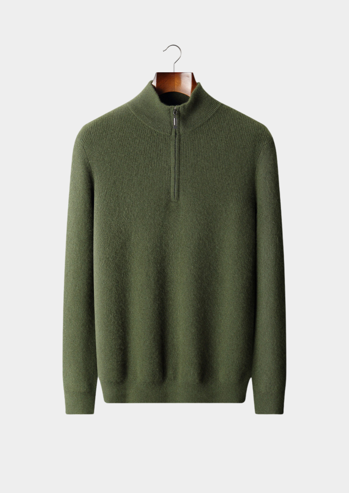 Pure Cashmere Olive Ribbed Half Zip | Auremmont