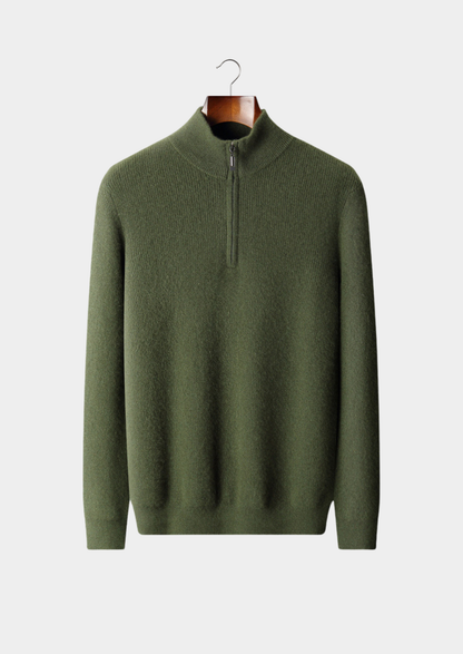 Pure Cashmere Olive Ribbed Half Zip | Auremmont