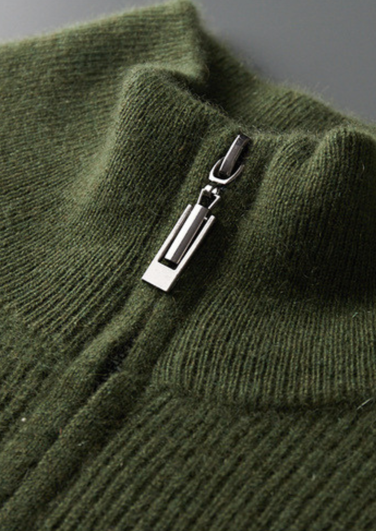 Pure Cashmere Olive Ribbed Half Zip | Auremmont