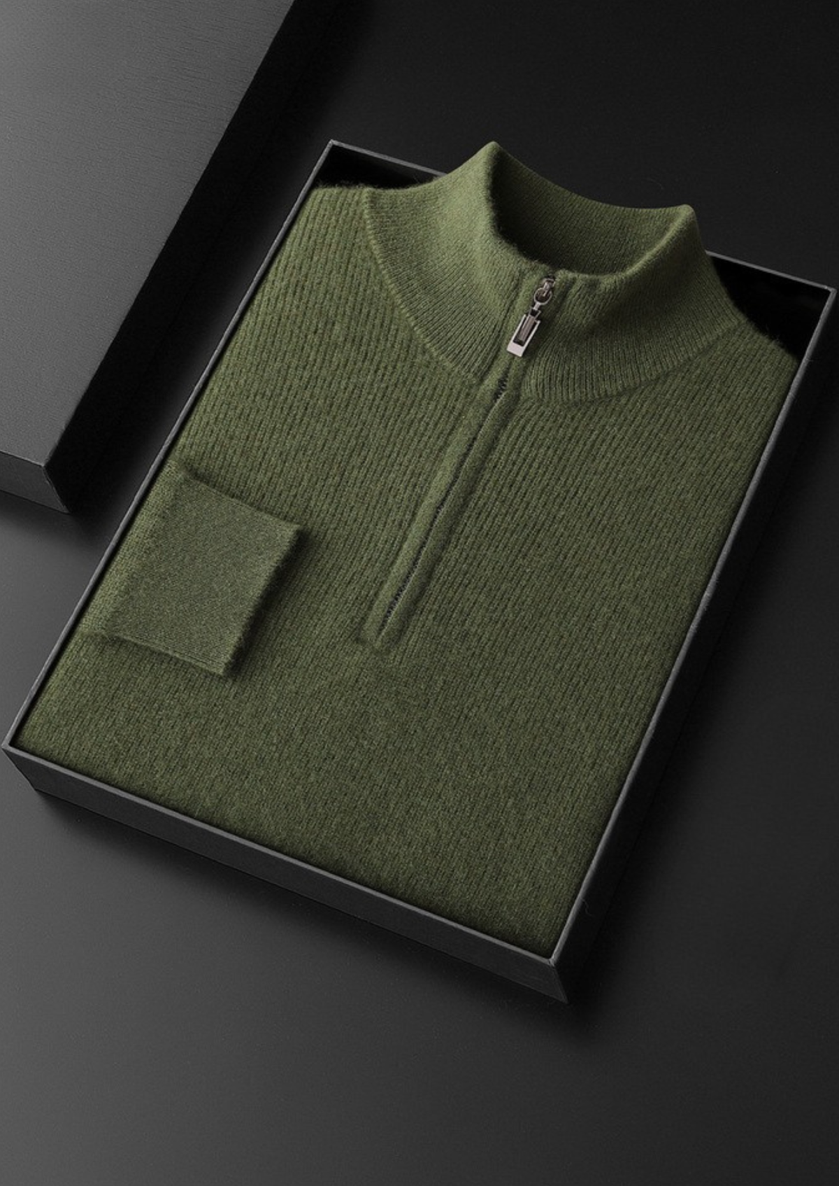 Pure Cashmere Olive Ribbed Half Zip | Auremmont
