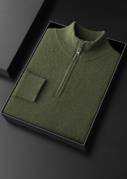 Pure Cashmere Olive Ribbed Half Zip | Auremmont