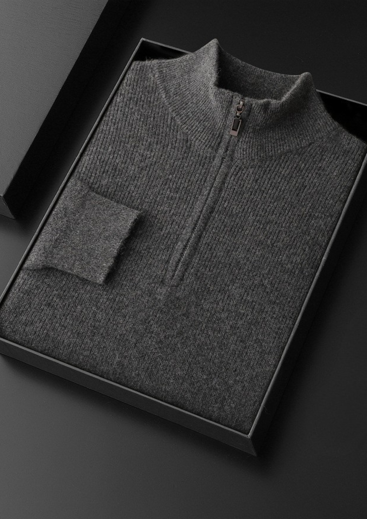 Pure Cashmere Dark Gray Ribbed Half Zip | Auremmont