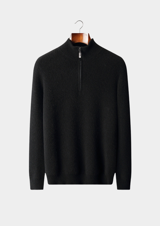 Pure Cashmere Black Ribbed Half Zip | Auremmont