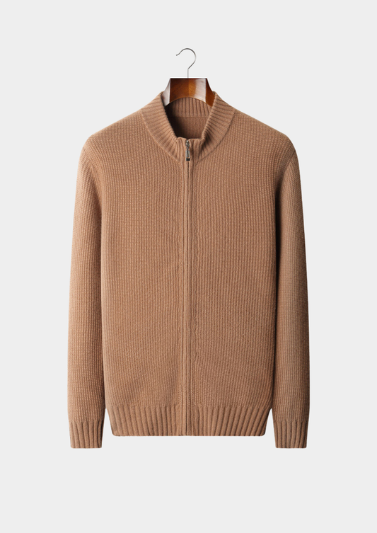 Pure Cashmere Mustard Ribbed Zip Cardigan | Auremmont