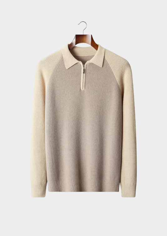 Pure Extra-Fine Merino Wool Two Tone Zipper Sweater Polo | Auremmont