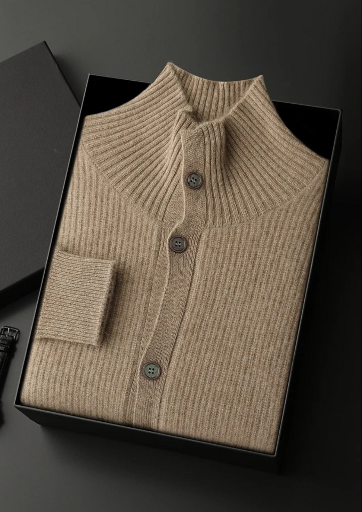 Premium Cashmere Ribbed High Collar Cardigan | Auremmont