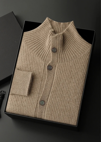 Premium Cashmere Ribbed High Collar Cardigan | Auremmont