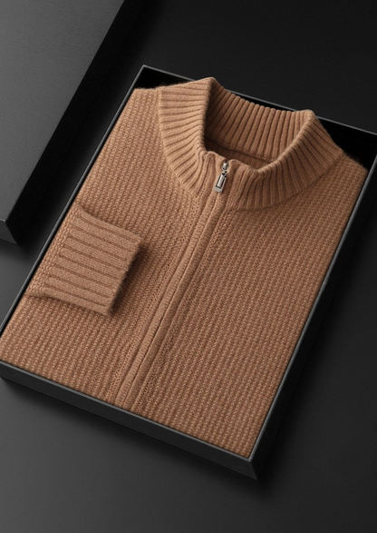 Pure Cashmere Mustard Ribbed Zip Cardigan | Auremmont