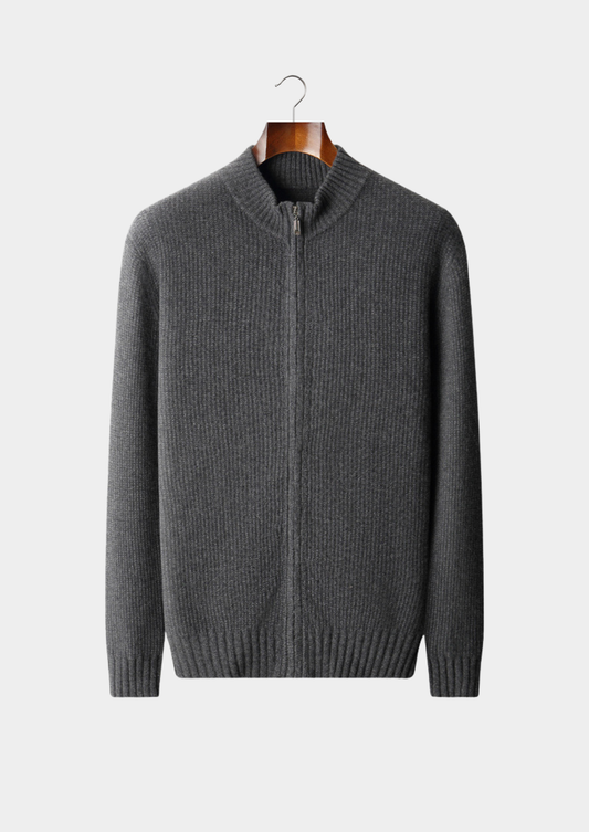 Pure Cashmere Dark Gray Ribbed Zip Cardigan | Auremmont