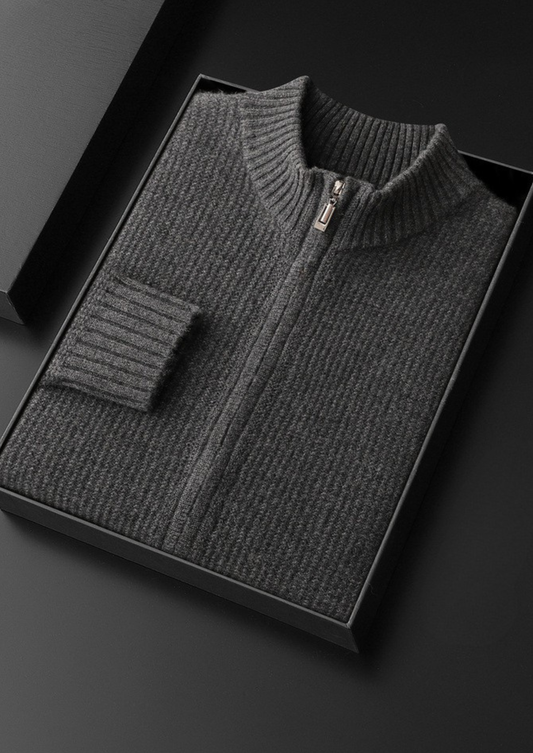 Pure Cashmere Dark Gray Ribbed Zip Cardigan | Auremmont