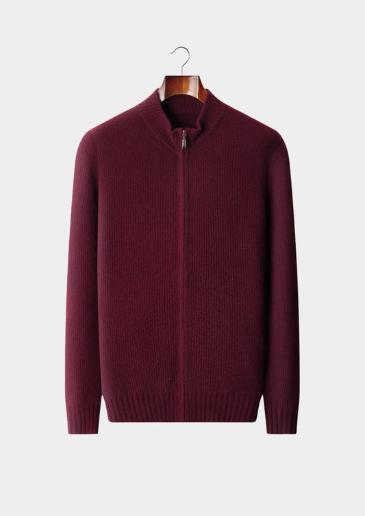 Pure Cashmere Burgundy Ribbed Zip Cardigan | Auremmont