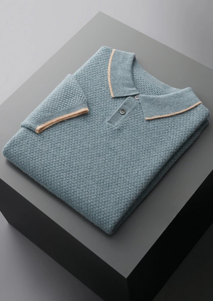 Premium Cashmere Sea Blue Two-Tone Polo | Auremmont