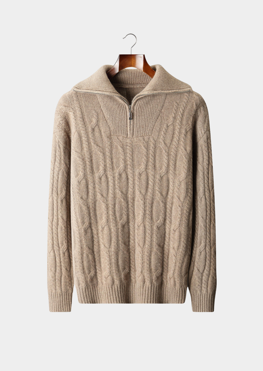 Pure Cashmere Beige Cable Half Zip Sweater | Auremmont