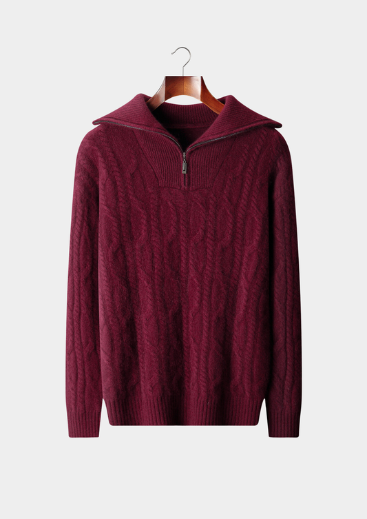 Pure Cashmere Burgundy Cable Half Zip Sweater | Auremmont