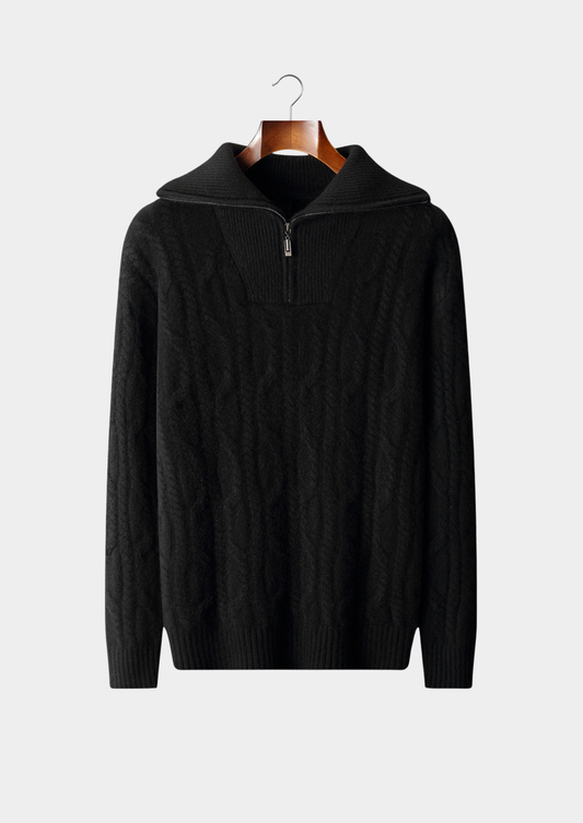 Pure Cashmere Black Cable Half Zip Sweater | Auremmont