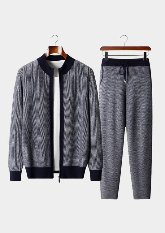 Pure Extra-Fine Merino Wool Navy Blue Herringbone Set | Auremmont