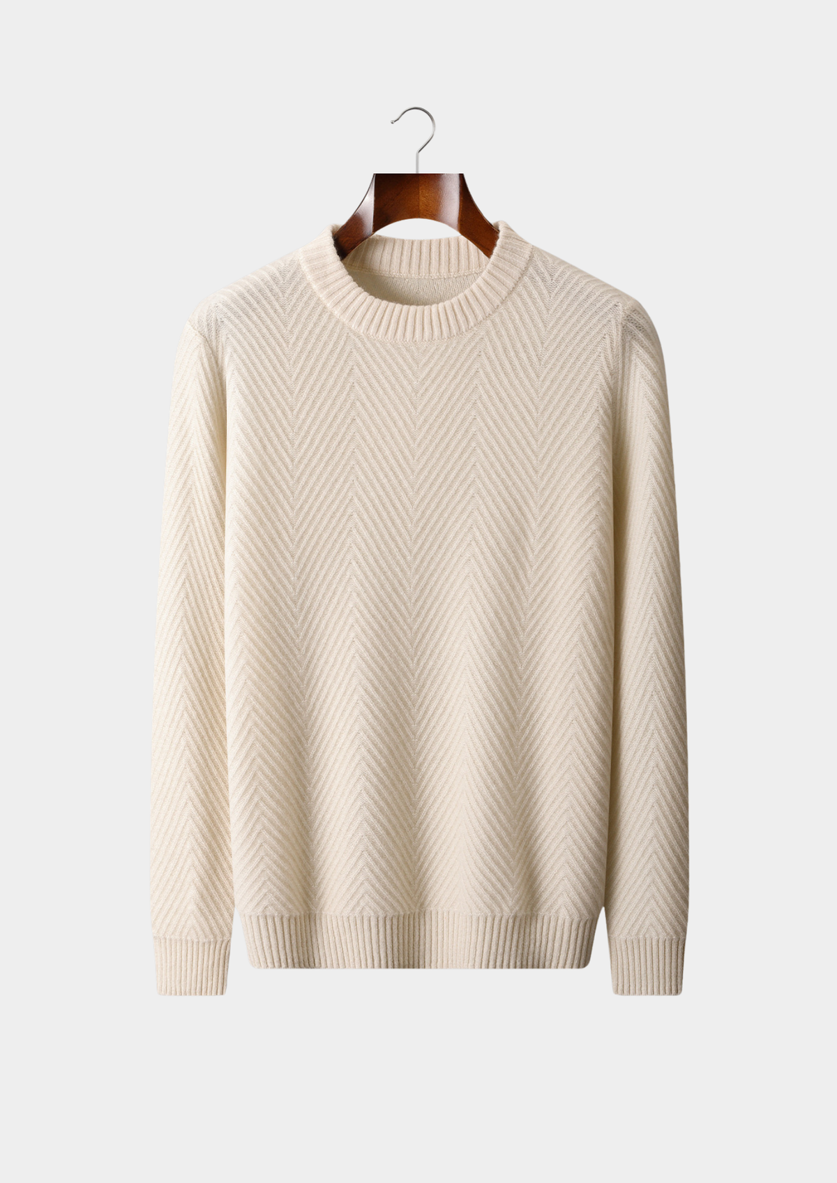 Pure Cashmere Ivory Herringbone Crewneck | Auremmont