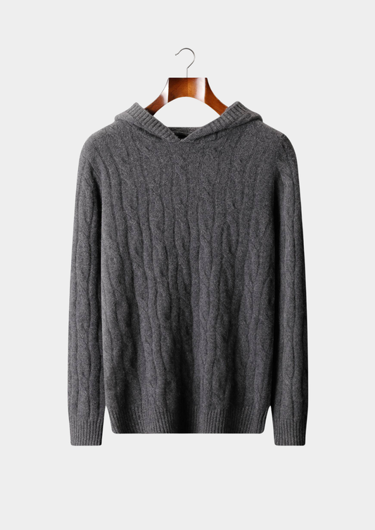 Pure Cashmere Dark Gray Cable Knit Hoodie | Auremmont
