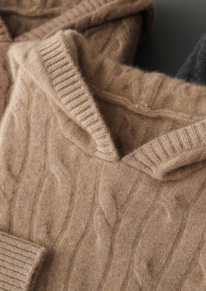 Pure Cashmere Sand Cable Knit Hoodie | Auremmont