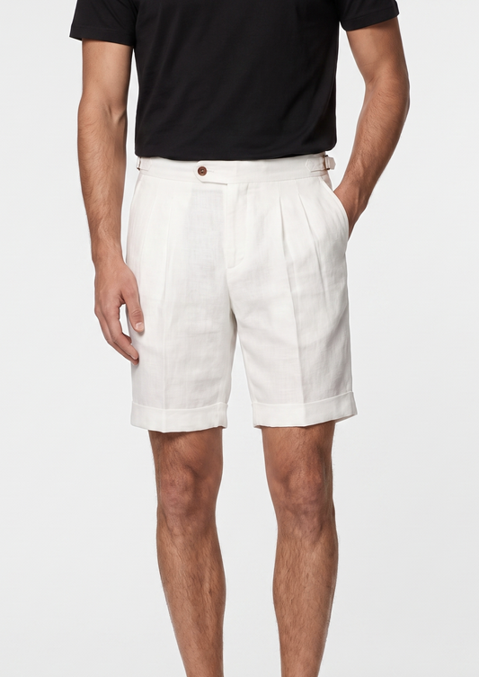 White Pleated Linen Seaside Shorts | Auremmont