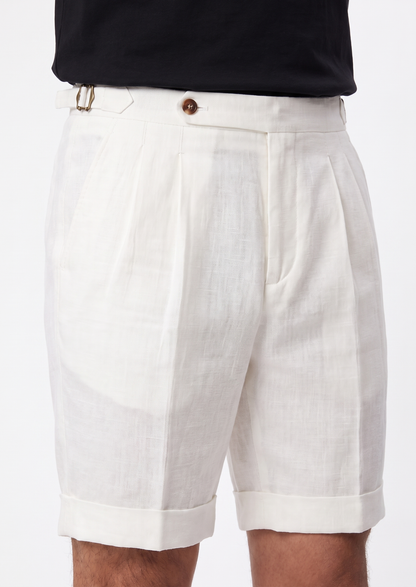 White Pleated Linen Seaside Shorts | Auremmont