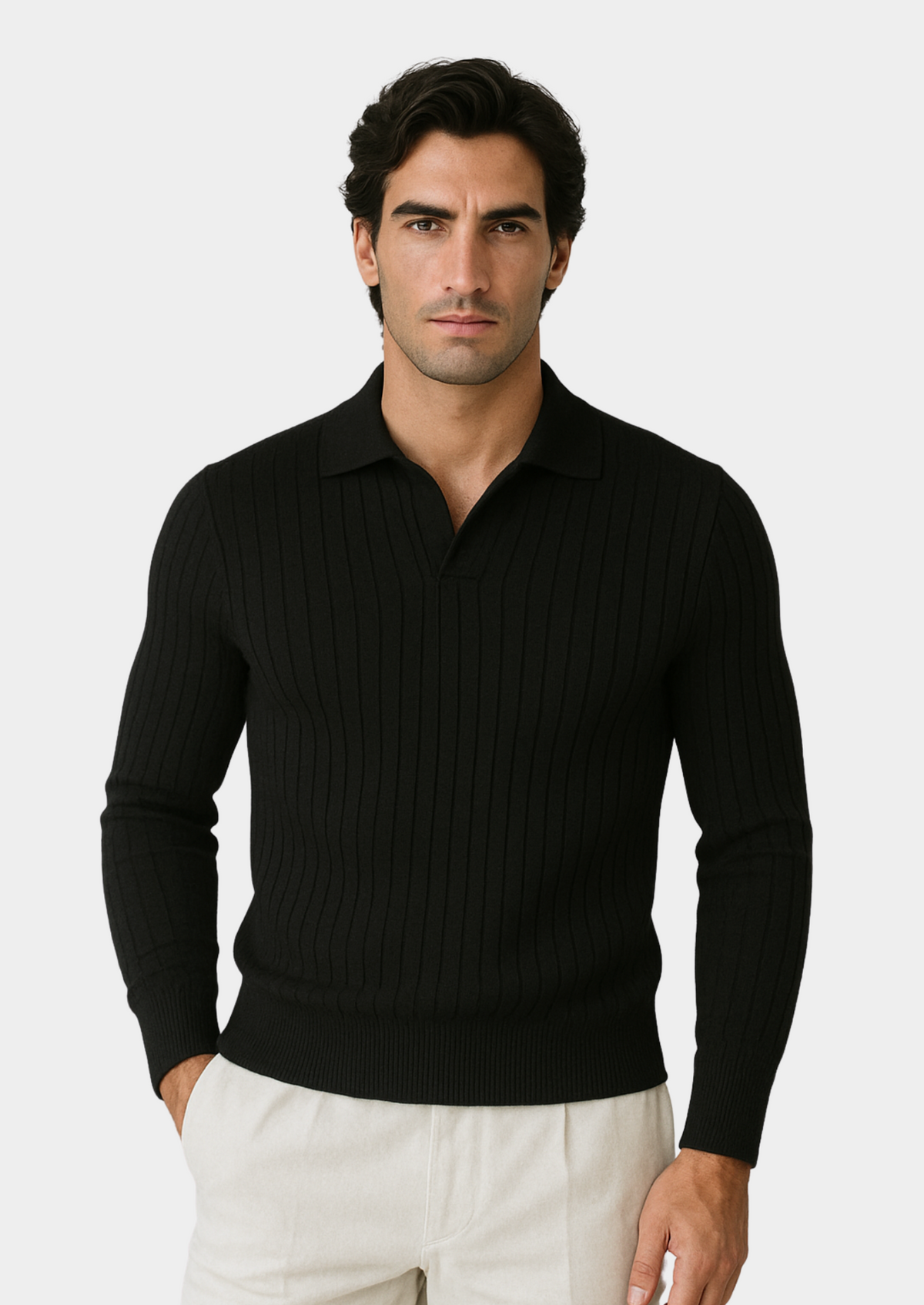 Black Buttonless Ribbed Polo | Auremmont