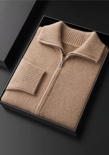 Pure Cashmere Beige Funnel Neck Cardigan | Auremmont