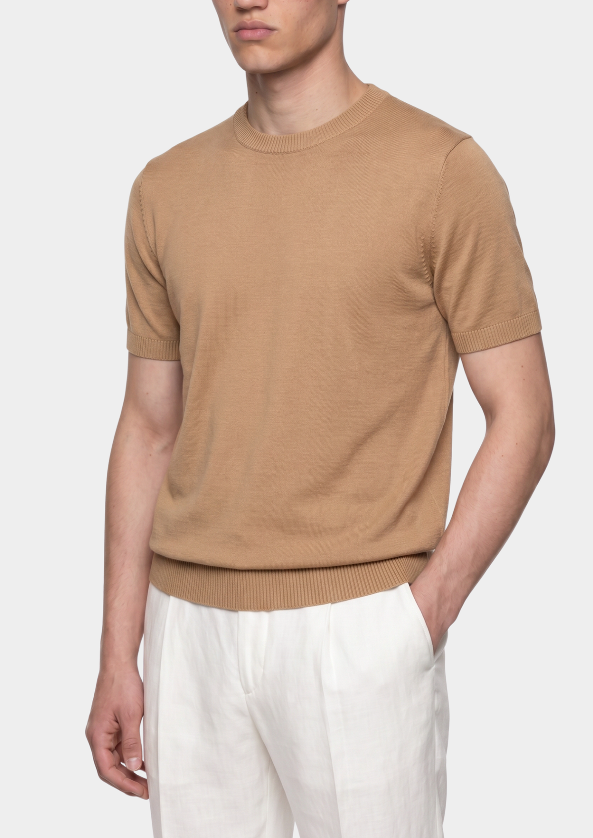 Essential Beige Knitted Crewneck T-Shirt | Auremmont