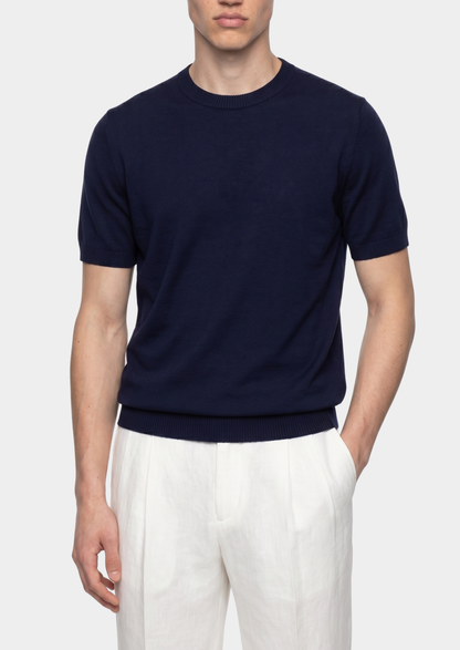 Essential Navy Blue Knitted Crewneck T-Shirt | Auremmont