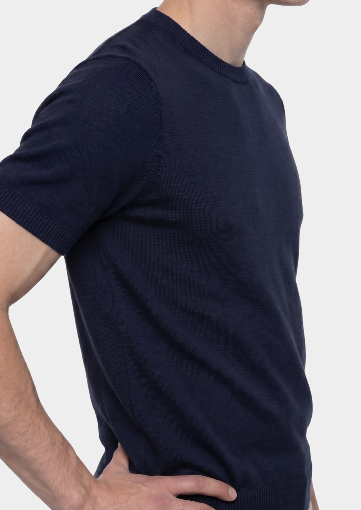 Essential Navy Blue Knitted Crewneck T-Shirt | Auremmont