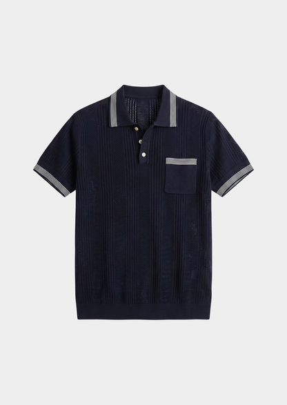 Leon Navy Blue Open Knit Lightweight Polo | Auremmont